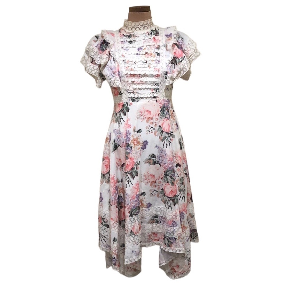 Vintage Asymmetrical Hem Dress Size XS White Pink Floral Lace Ruffle Sleeve